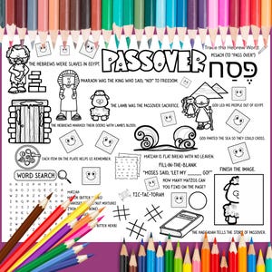Puede incluir: Una página para colorear del Pésaj en blanco y negro con ilustraciones y texto. La página incluye imágenes de matzá, un cordero y otros símbolos de la festividad. La palabra "Pésaj" se muestra de forma destacada.