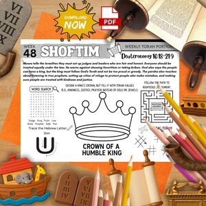 Könnte beinhalten: Ein farbenfrohes Arbeitsblatt mit dem Titel "Shoftim" mit einer Kronen-Umrisslinie, einer Wortsuche und einem Labyrinth. Das Bild enthält Bleistifte, ein Schofar, eine Miniatur-Arche und Torarollen. Der Text enthält "Download Now PDF".