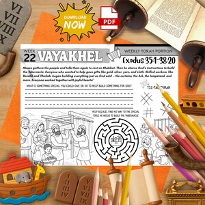 Torah Portion Week 22 Activity Mat Parashat Vayakhel Printable for Kids Tabernacle Crafts Story Shabbat Worksheet Jewish Homeschool