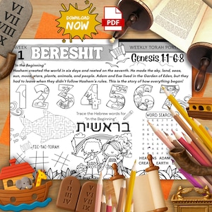 Puede incluir: Una colorida hoja de trabajo educativa con el texto "BERESHIT" y "Génesis 1:1-6:8". La imagen incluye ilustraciones de números, un laberinto y una búsqueda de palabras, junto con lápices y un arca en miniatura.