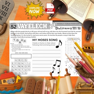 Week 52 Vayeilech Torah Activity Mat | Word Builder Game + Moses Song Writing + Parsha Word Search | Jewish Homeschool Printable PDF