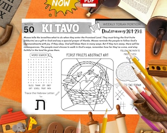 Week 50 Ki Tavo Torah Activity Mat | First Fruits Art + Apple Maze + Word Search | Printable Parsha Worksheet | Jewish Homeschool PDF