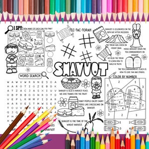 Shavuot Activity Mat for Kids | Torah-Themed Printable with Word Search, Color by Number, I Spy, Tic Tac Toe & Coloring Pages