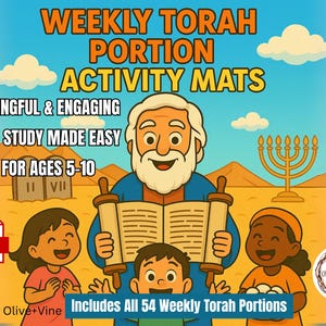 以下が含まれることがあります： 「Weekly Torah Portion Activity Mats」のカラフルなイラスト。男性がトーラーの巻物を持ち、子供たちに囲まれている漫画の画像です。「Meaningful & Engaging」、「Torah Study Made Easy」、「Great for Ages 5-10」などのテキストが含まれています。PDFアイコンも表示されています。