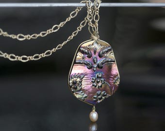 Carnival Glass Pendant Necklace Jewelry Black Amethyst Wild Strawberries