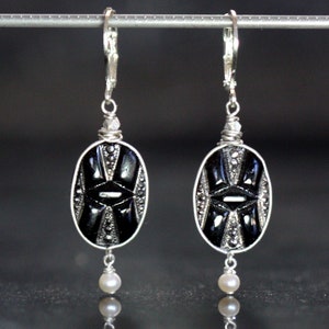 Black Glass Silver Gilded Cabochon Earrings Vintage Art Deco Relief