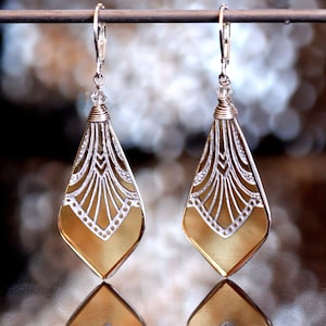 Cambridge Florentine  Glass Earrings Jewelry  Honey Color Art Deco