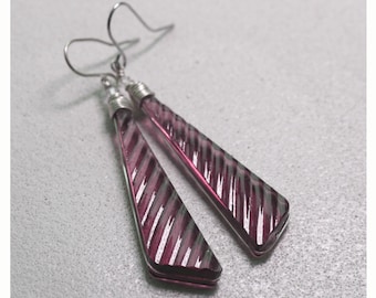 Violet Purple Glass Earrings Jewelry Chevron Ripple Art Deco