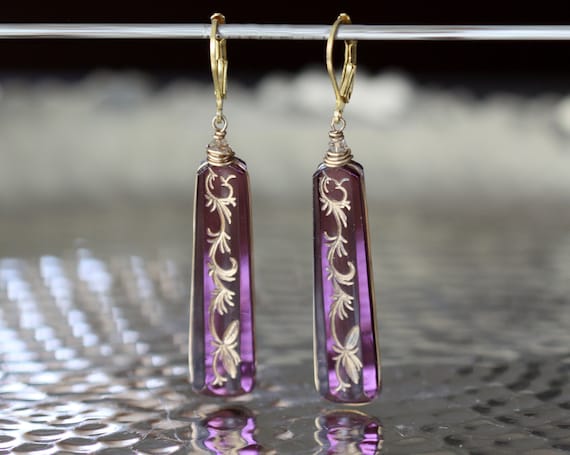 Etched Purple Glass Cabochon Jewelry Stick Earrings Art Deco Intaglio Nouveau