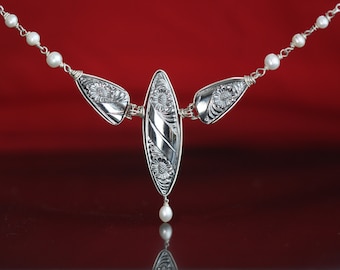 Silver Luster Black Glass Cabochon Necklace Earrings Set Jewelry Art Deco