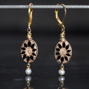 Black Glass Gold Gilded Cabochon Earrings Vintage Art Deco Intaglio
