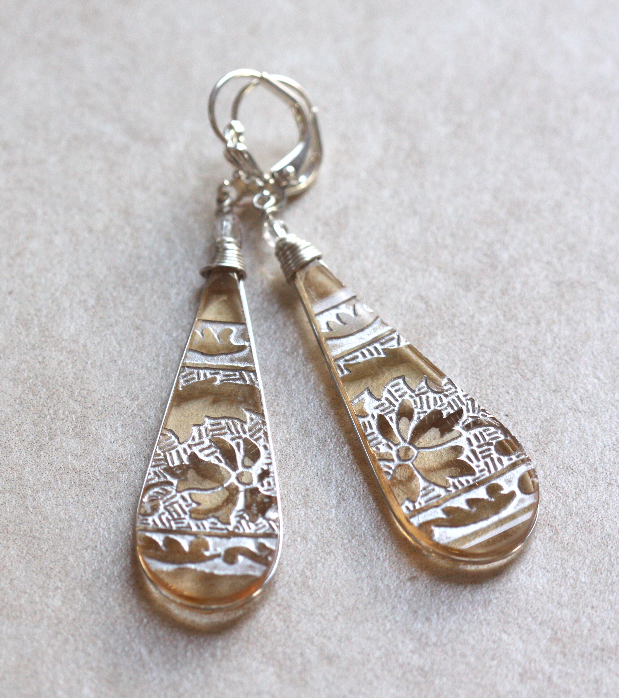 Fostoria Amber Etched glass Jewelry Earrings Etsy