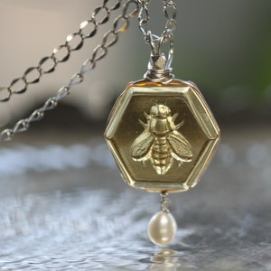 Honey Bee Pendant Jewelry Necklace Honey Colored Glass