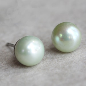 Pearl Earrings Jewelry Stud Post Light Green Button Cultured