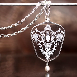 Tiffin Cherokee Rose Etched Glass Pendant Necklace Jewelry Vintage Nouveau