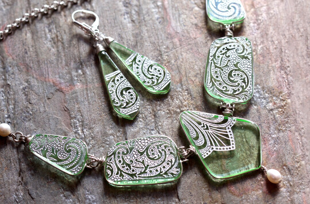 Uranium Vaseline Etched Gilded Glass Necklace Earrings Art Etsy