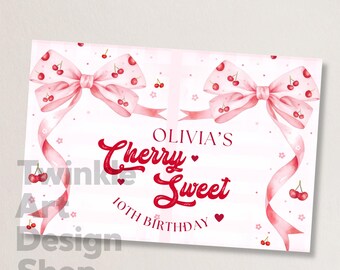 May include: A light pink birthday card with two large bows adorned with cherries. The card reads "Olivia's Cherry Sweet 10th Birthday" in red script. Small cherries and hearts are scattered around the design.