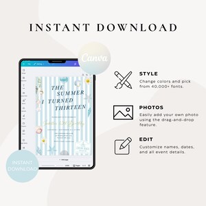 May include: A digital invitation template on a tablet screen, with a blue and white striped design and seashell graphics. Text includes "The Summer I Turned Thirteen" and "Instant Download."