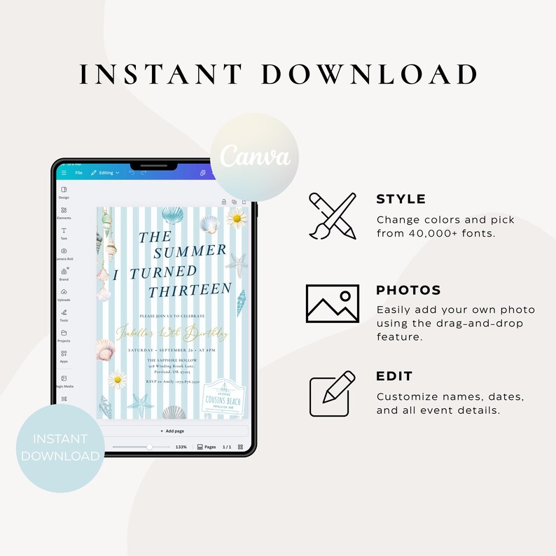 May include: A digital invitation template on a tablet screen, with a blue and white striped design and seashell graphics. Text includes "The Summer I Turned Thirteen" and "Instant Download."
