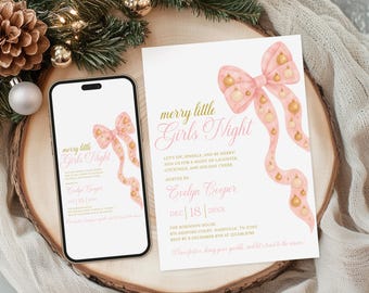 Pink Christmas Girls Night Party Invitation Merry Little Friendsmas Holiday Invite Bow Theme Christmas Cocktail Party Girls Night In