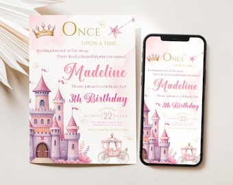Invitación de cumpleaños de princesa, fiesta real para niñas, plantilla editable de Canva, castillo rosa, descarga digital