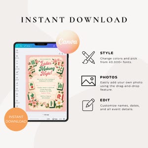 K&ouml;nnte beinhalten: Eine digitale Einladung f&uuml;r eine "Ladies Mahjong Night"-Veranstaltung, angezeigt auf einem Tablet. Das Design zeigt florale Elemente, Mahjong-Steine und Veranstaltungsdetails. Das Bild enth&auml;lt auch Canva-Branding und Anweisungen.
