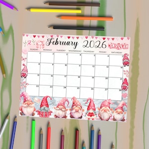 Editable February 2026 Calendar Valentines Day Planner Pink Gnomes Monthly Calendar for Kids School Home Classroom Work Office Canva Design