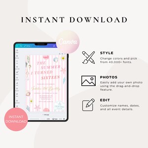Peut inclure: Une invitation num&eacute;rique pour une f&ecirc;te d'anniversaire Sweet Sixteen, avec un fond &agrave; rayures roses et blanches avec des illustrations de coquillages et d'&eacute;toiles de mer. La conception est affich&eacute;e sur une tablette avec le texte "The Summer I Turned Sixteen".