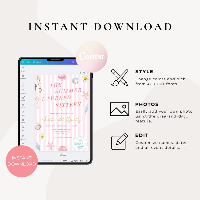 Peut inclure: Une invitation num&eacute;rique pour une f&ecirc;te d'anniversaire Sweet Sixteen, avec un fond &agrave; rayures roses et blanches avec des illustrations de coquillages et d'&eacute;toiles de mer. La conception est affich&eacute;e sur une tablette avec le texte "The Summer I Turned Sixteen".