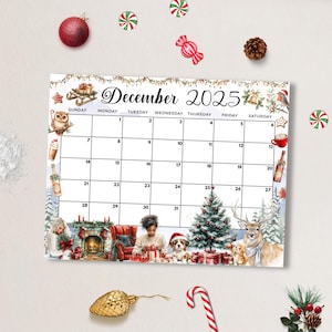 Könnte beinhalten: Ein Dezember 2025 Kalender mit festlichem Weihnachtsthema. Der Kalender zeigt Illustrationen von Feiertagselementen wie einem Weihnachtsbaum, Geschenken und einem Rentier. Der Kalender ist mit saisonalen Bildern und Text dekoriert.