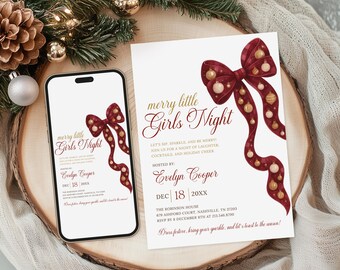 Christmas Girls Night Party Invitation Merry Little Friendsmas Holiday Invite Red Bow Christmas Cocktail Party Girls Night In Pajama Party