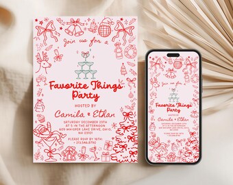 May include: A pink invitation and a smartphone screen display a "Favorite Things Party" design. The design includes red illustrations of festive elements like bells, bows, and a Christmas tree. The invitation is hosted by Camila & Ethan.