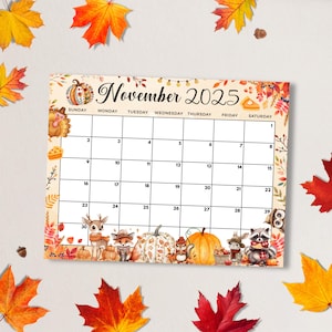 Puede incluir: Un calendario decorativo de noviembre de 2025 con temática otoñal. El calendario presenta un fondo beige con hojas de otoño coloridas e ilustraciones de calabazas, animales y un pavo. El texto "Noviembre 2025" se muestra en la parte superior.