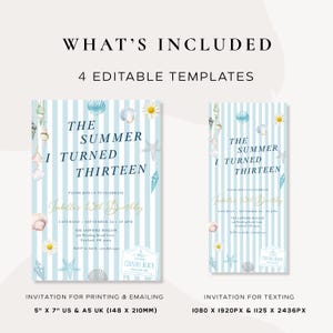 May include: Two invitation templates with a beach theme. The larger invitation is 148 x 210mm and the smaller is designed for texting. Both feature blue and white stripes, seashells, and the text "The Summer I Turned Thirteen."