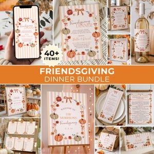 Op de afbeelding: Een Friendsgiving Dinner Bundle met uitnodigingen, menu's en bewegwijzering. De ontwerpen bevatten pompoenen, bloemaccenten en een gestreepte achtergrond. De bundel bevat meer dan 40 items. Afmetingen in cm.