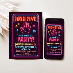 Redigerbar High Five-födelsedagsinbjudan, redigerbar Hi Five-festinbjudan för 5-årsfest, pojkars födelsedag, neonljus, utskrivbar digital canvas-mall för High Five