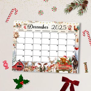 Könnte beinhalten: Ein Dezember 2025 Kalender mit einem festlichen Weihnachtsthema. Der Kalender zeigt Illustrationen von Tieren, Zuckerstangen und Weihnachtsdekorationen. Die Worte "Merry Christmas" sind auf einem roten Wagen zu sehen.