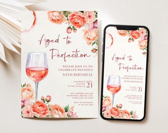 Wine Birthday Invitation: Floral Winery Party, Aged to Perfection (Canva Template)