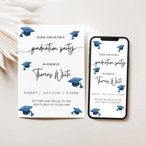 Faire-part de remise de diplôme numérique pour garçon, faire-part de fin d'études, invitation à une fête de remise des diplômes pour seniors, carte virtuelle modifiable, bleu senior 2025, bricolage