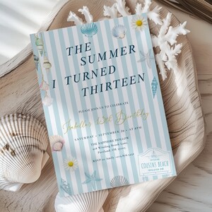 May include: A blue and white striped invitation with the text "The Summer I Turned Thirteen." The invitation is decorated with seashells, starfish, and daisies. The event details include the date, time, and location in Portland, OR.