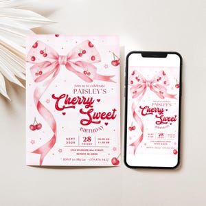 May include: A pink birthday invitation featuring a watercolour bow and cherry details. The invitation says "Cherry Sweet Birthday" and includes the date, time, and location. A smartphone displays the same design.