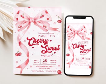 Cherry Birthday Invitation Cherry Sweet Girl Party Cherry Bow Birthday Invite Pink Bow Theme Printable Digital Download Evite Template