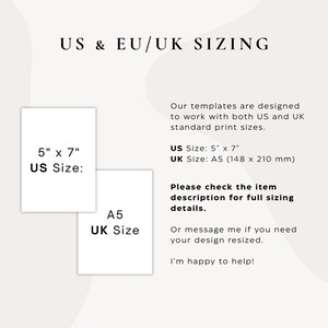 Peut inclure: Image avec le texte "US & EU/UK SIZING" et deux cartes rectangulaires. Une carte est &eacute;tiquet&eacute;e "5" x 7" US Size:" et l'autre est &eacute;tiquet&eacute;e "A5 UK Size". Le texte comprend &eacute;galement des d&eacute;tails de dimensionnement, A5 mesurant 148 x 210 mm.