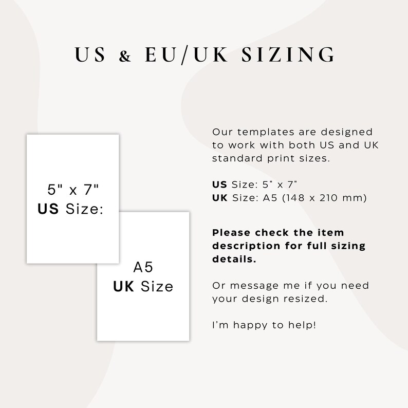 Peut inclure: Image avec le texte "US & EU/UK SIZING" et deux cartes rectangulaires. Une carte est &eacute;tiquet&eacute;e "5" x 7" US Size:" et l'autre est &eacute;tiquet&eacute;e "A5 UK Size". Le texte comprend &eacute;galement des d&eacute;tails de dimensionnement, A5 mesurant 148 x 210 mm.