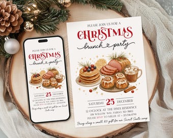 Op de afbeelding: Een uitnodiging voor een kerstbrunch en een smartphone met hetzelfde ontwerp. De uitnodiging bevat feestelijke illustraties van pannenkoeken, ham, kaneelbroodjes en warme chocolademelk. De tekst luidt "Christmas brunch & party".