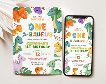 Dinosaur Birthday Invitation Boy 1st Birthday Party Invite Editable Canva Template Stomp Chomp Roar Dino Theme Printable Digital Download