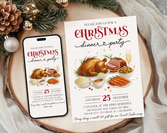 May include: A Christmas dinner party invitation with a festive design. The invitation features a watercolor illustration of a holiday meal, including a roasted turkey, ham, and side dishes. The text reads "Christmas dinner & party" in red script. A smartphone displays the same invitation.