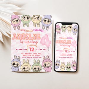 Invitación de cumpleaños de Labubu (Canva, editable) para imprimir. Invitación de Labubu, el lindo monstruo, para fiesta infantil. Pop Mart Kawaii. Descarga instantánea.