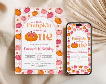 Our Little Pumpkin First Birthday Invitation Girl Fall Pink Pumpkin Invite Blush Autumn Theme Turning One Party Fall Birthday Girl Invite
