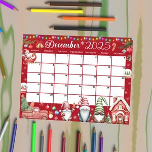 Redigerbar december 2025 kalender julkalender röda tomtetema festlig månadskalender för barn klassrum hemundervisning Canvas design